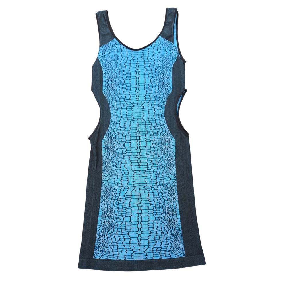 Bebe Crocodile Print Bodycon Mini Dress Women's Size M/L Blue Side Cut Out Y2K